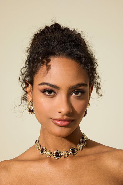 Conjunto de gargantilla y pendientes de botón con diamantes de imitación y piedras preciosas 