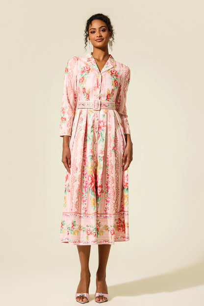 Vestido midi floral de manga larga con cinturón 