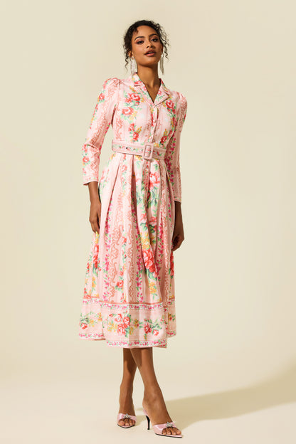 Vestido midi floral de manga larga con cinturón 