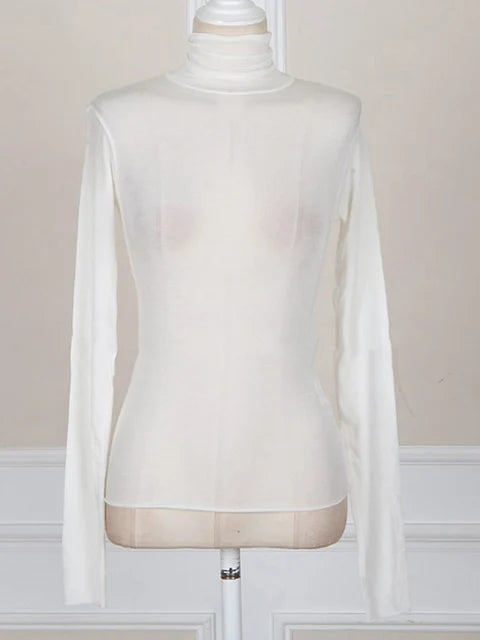 Camiseta de moda de otoño 2025 para mujer, camisetas lisas de manga larga con cuello alto, parte inferior ajustada para mujer, camiseta sexy transparente, ropa