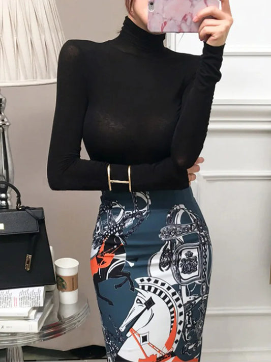 Camiseta de moda de otoño 2025 para mujer, camisetas lisas de manga larga con cuello alto, parte inferior ajustada para mujer, camiseta sexy transparente, ropa