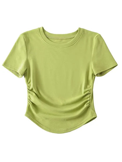 Camiseta de algodón de manga corta con cuello redondo y laterales fruncidos para mujer de Harajuku 2025