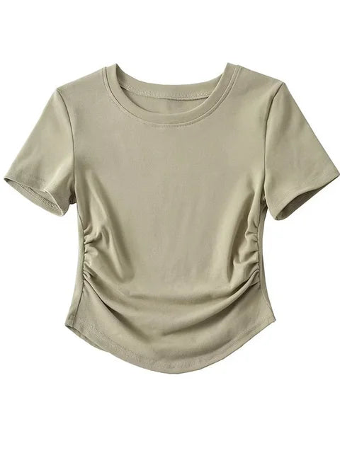 Camiseta de algodón de manga corta con cuello redondo y laterales fruncidos para mujer de Harajuku 2025
