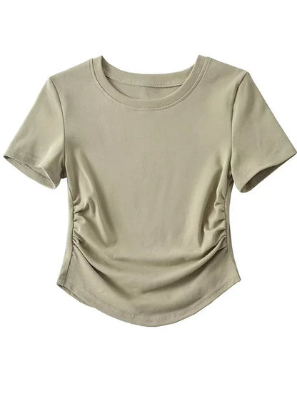 Camiseta de algodón de manga corta con cuello redondo y laterales fruncidos para mujer de Harajuku 2025