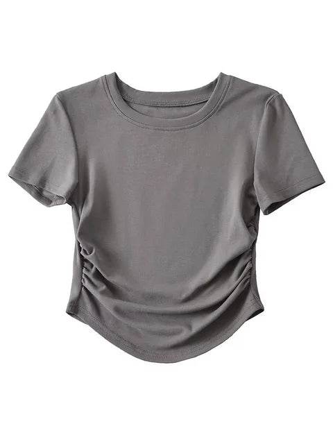 Camiseta de algodón de manga corta con cuello redondo y laterales fruncidos para mujer de Harajuku 2025