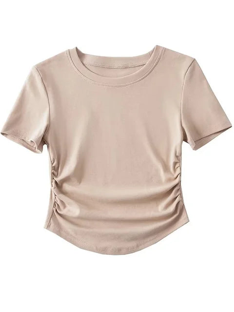 Camiseta de algodón de manga corta con cuello redondo y laterales fruncidos para mujer de Harajuku 2025