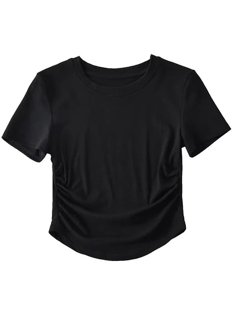 Camiseta de algodón de manga corta con cuello redondo y laterales fruncidos para mujer de Harajuku 2025