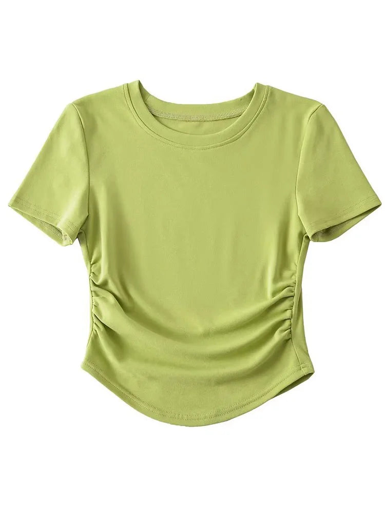 Camiseta de algodón de manga corta con cuello redondo y laterales fruncidos para mujer de Harajuku 2025