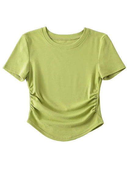 Camiseta de algodón de manga corta con cuello redondo y laterales fruncidos para mujer de Harajuku 2025