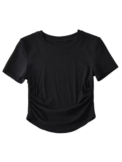 Camiseta de algodón de manga corta con cuello redondo y laterales fruncidos para mujer de Harajuku 2025