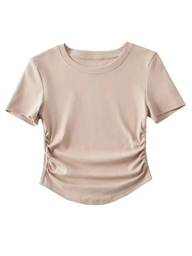 Camiseta de algodón de manga corta con cuello redondo y laterales fruncidos para mujer de Harajuku 2025