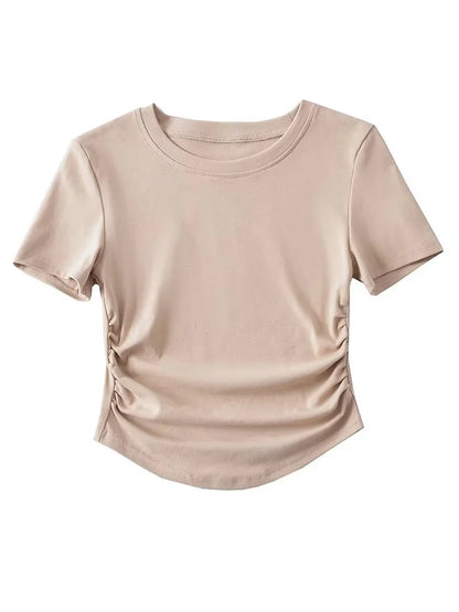 Camiseta de algodón de manga corta con cuello redondo y laterales fruncidos para mujer de Harajuku 2025