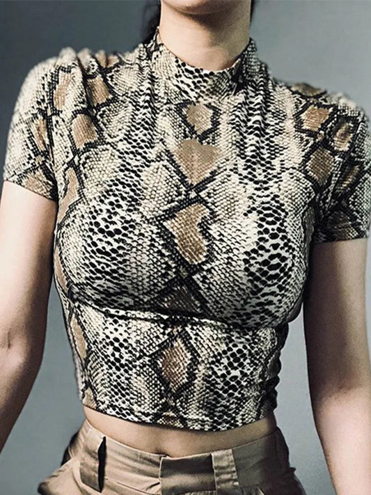 2025 Top corto sexy para mujer, camiseta sin mangas con estampado de serpiente, camiseta ajustada de cuello alto, camiseta sin mangas corta estilo Harajuku, camisetas para mujer y niña