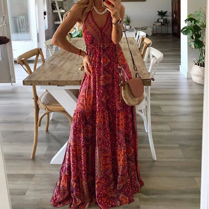 Vestidos de tirantes finos para mujer, estilo bohemio, estampado vintage, para playa, sexy, con escote en V, maxivestidos de corte A, 2025