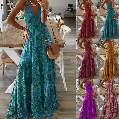 Vestidos de tirantes finos para mujer, estilo bohemio, estampado vintage, para playa, sexy, con escote en V, maxivestidos de corte A, 2025