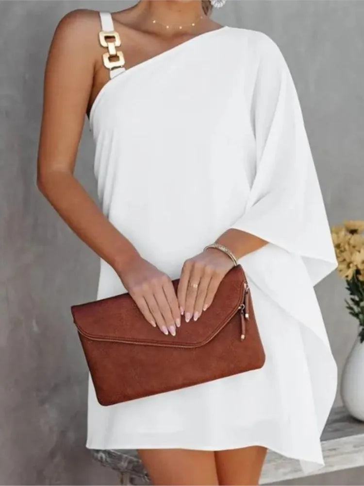 Vestidos de verano 2025 para mujer, sexys, elegantes, irregulares, minivestidos de moda, de un solo hombro, cuello diagonal, estampados, vintage.