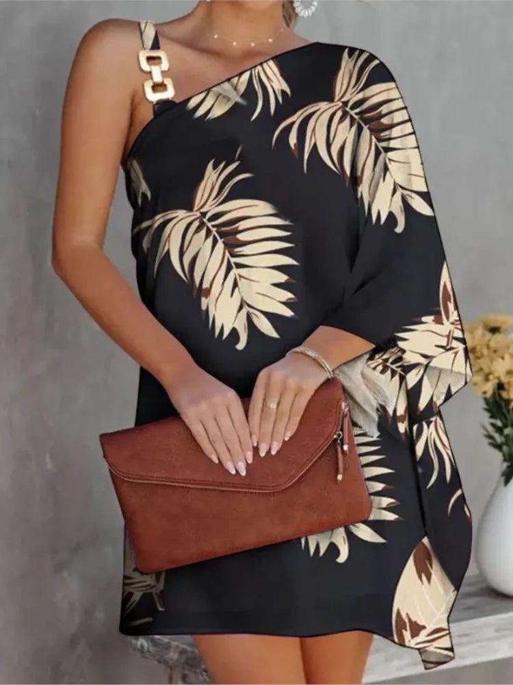 Vestidos de verano 2025 para mujer, sexys, elegantes, irregulares, minivestidos de moda, de un solo hombro, cuello diagonal, estampados, vintage.