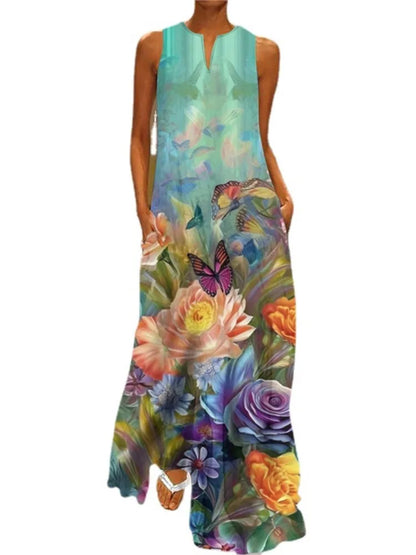 Vestidos largos vintage con estampado de flores para mujer, moda de verano 2025, cuello en V, sueltos, sin mangas, informales, para ir al trabajo