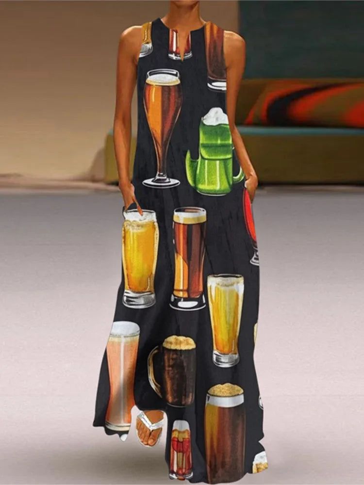 Vestidos largos vintage con estampado de flores para mujer, moda de verano 2025, cuello en V, sueltos, sin mangas, informales, para ir al trabajo