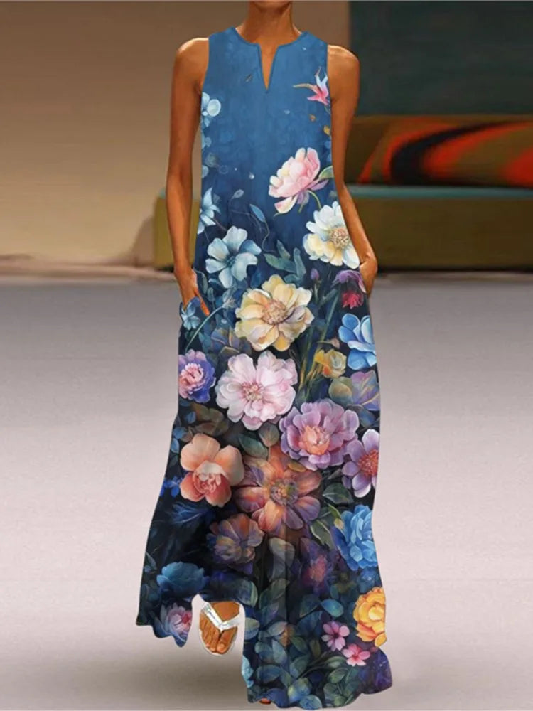 Vestidos largos vintage con estampado de flores para mujer, moda de verano 2025, cuello en V, sueltos, sin mangas, informales, para ir al trabajo