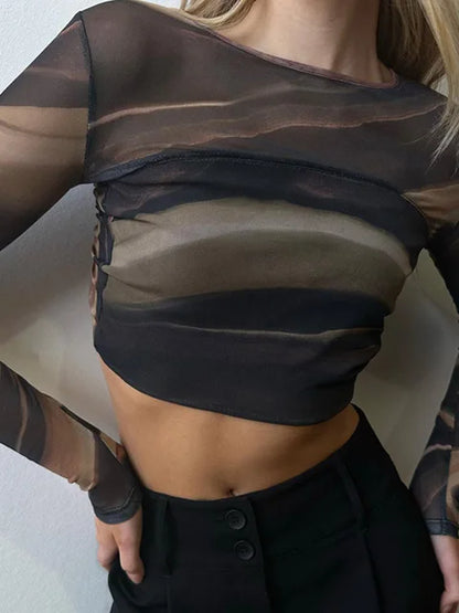 Ropa de verano 2025 para mujer, camisetas de malla con estampado a la moda, camisetas informales sexis de manga larga sin espalda, camisetas cortas ajustadas con cordón umbilical