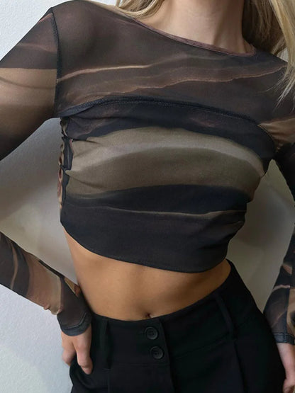 Ropa de verano 2025 para mujer, camisetas de malla con estampado a la moda, camisetas informales sexis de manga larga sin espalda, camisetas cortas ajustadas con cordón umbilical