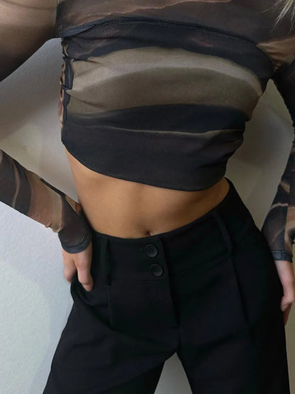 Ropa de verano 2025 para mujer, camisetas de malla con estampado a la moda, camisetas informales sexis de manga larga sin espalda, camisetas cortas ajustadas con cordón umbilical