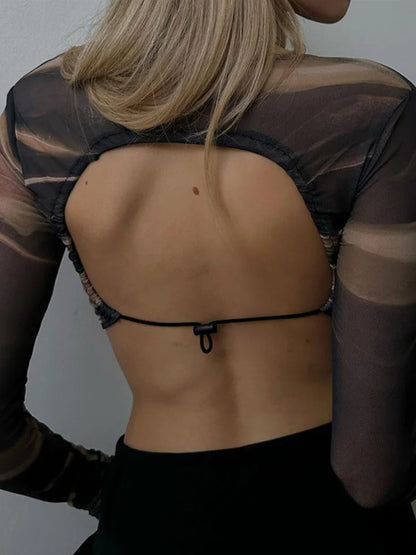 Ropa de verano 2025 para mujer, camisetas de malla con estampado a la moda, camisetas informales sexis de manga larga sin espalda, camisetas cortas ajustadas con cordón umbilical