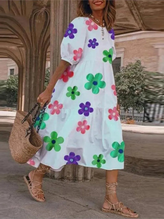 Vestido estampado de verano 2025 para mujer, manga corta abullonada, volantes, holgado, corte A, midi, informal, para playa y vacaciones