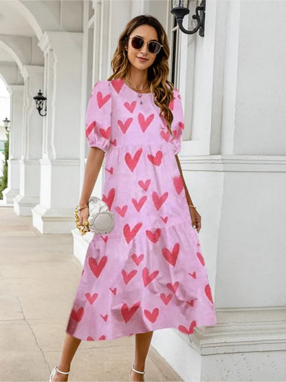 Vestido estampado de verano 2025 para mujer, manga corta abullonada, volantes, holgado, corte A, midi, informal, para playa y vacaciones