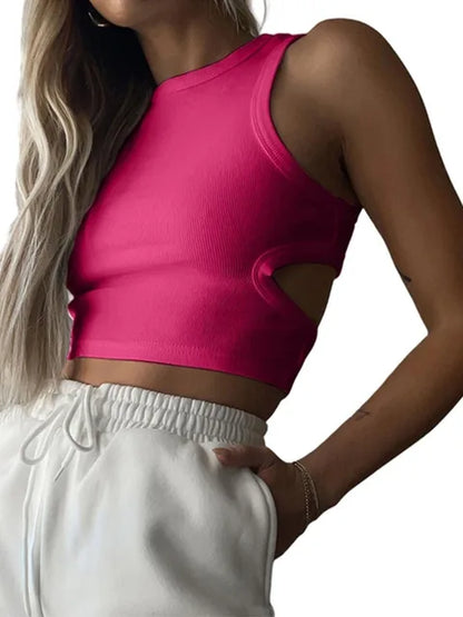 Camiseta sin mangas de color liso de verano 2025 para mujer, tops de punto con agujeros laterales, ropa básica de calle