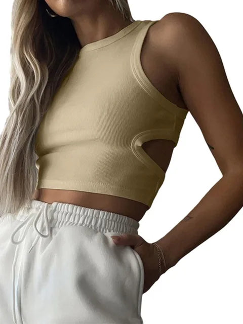Camiseta sin mangas de color liso de verano 2025 para mujer, tops de punto con agujeros laterales, ropa básica de calle