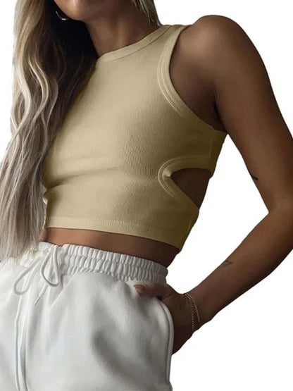Camiseta sin mangas de color liso de verano 2025 para mujer, tops de punto con agujeros laterales, ropa básica de calle