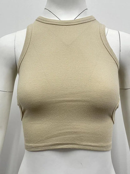 Camiseta sin mangas de color liso de verano 2025 para mujer, tops de punto con agujeros laterales, ropa básica de calle