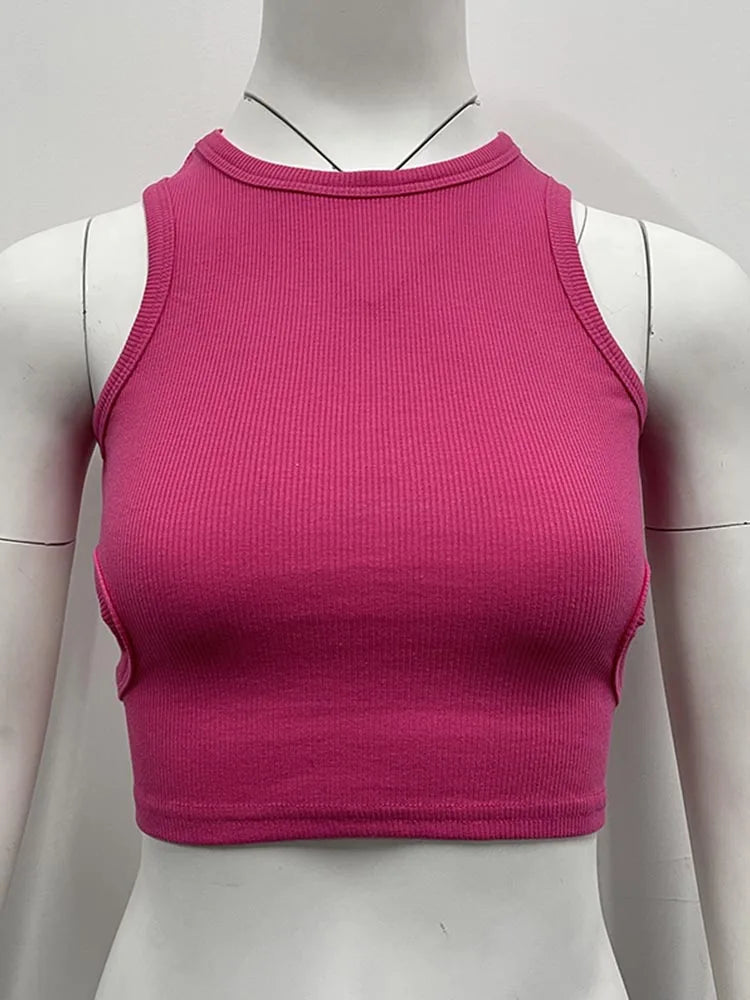 Camiseta sin mangas de color liso de verano 2025 para mujer, tops de punto con agujeros laterales, ropa básica de calle