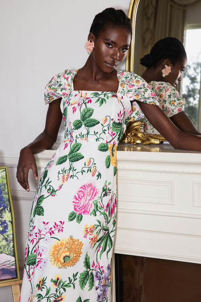 Vestido midi de manga corta drapeado con lazo floral 