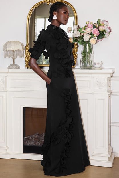 Vestido largo de manga media con encaje y flores 3D 