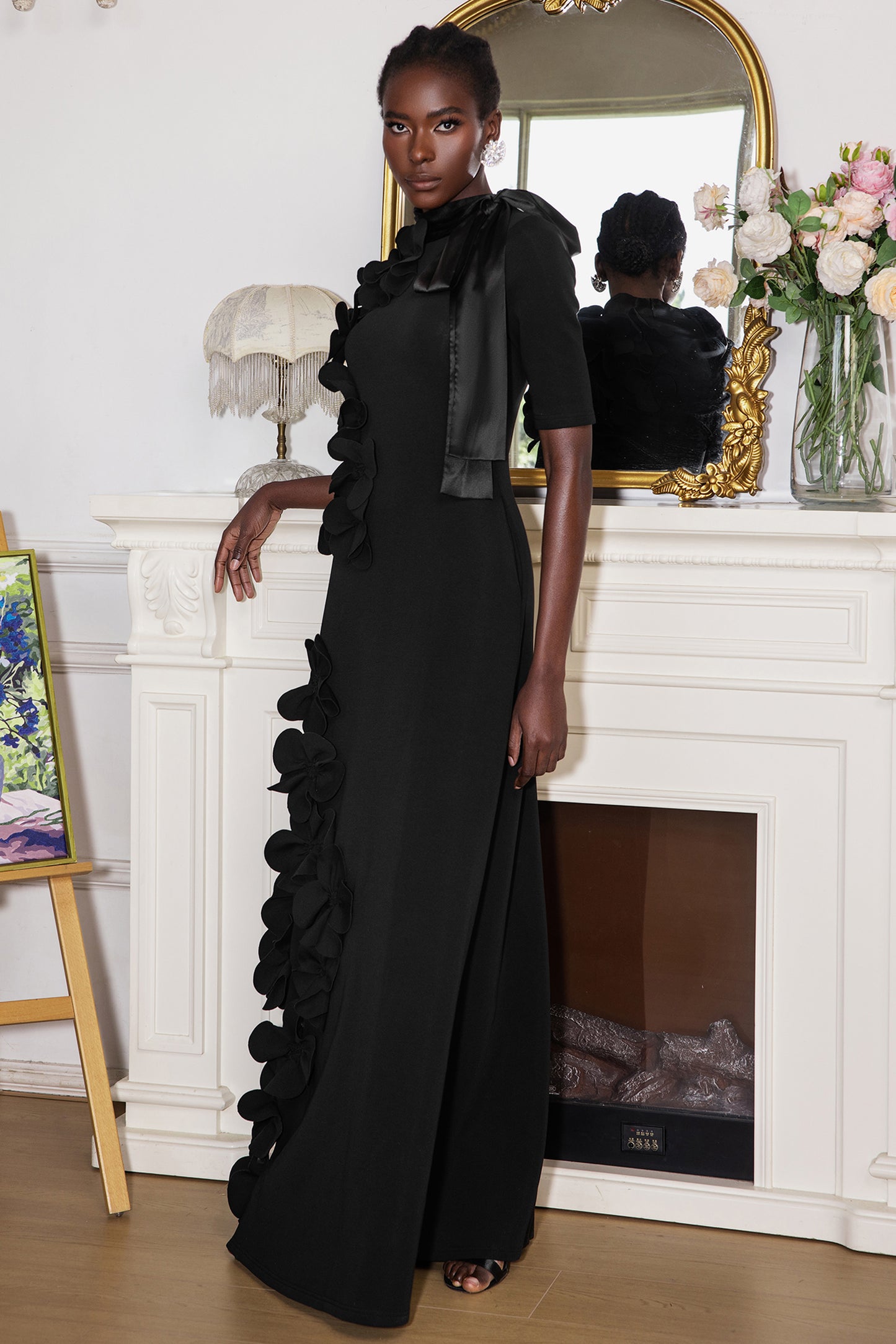 Vestido largo de manga media con encaje y flores 3D 