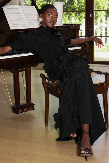 Vestido largo de manga media con encaje y flores 3D 