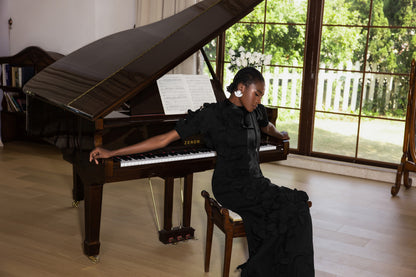 Vestido largo de manga media con encaje y flores 3D 