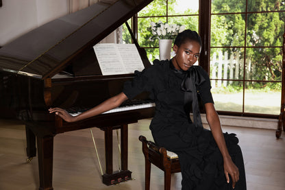 Vestido largo de manga media con encaje y flores 3D 