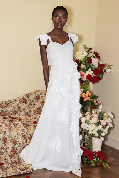 Vestido largo sin mangas con volantes y flores 3D 