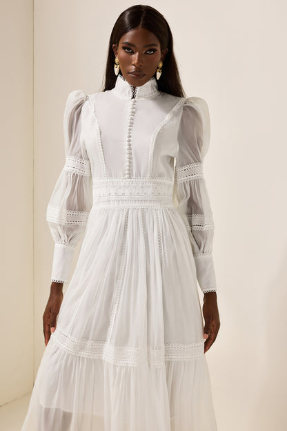 Vestido midi de encaje con mangas abullonadas y cuello alto 