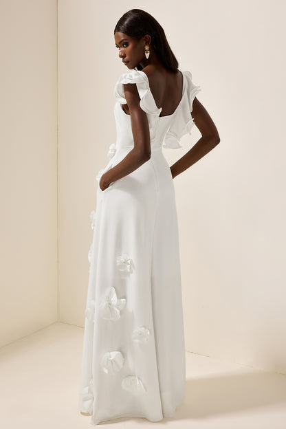 Vestido largo sin mangas con volantes y flores 3D 