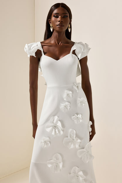 Vestido largo sin mangas con volantes y flores 3D 