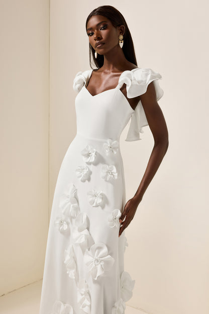 Vestido largo sin mangas con volantes y flores 3D 