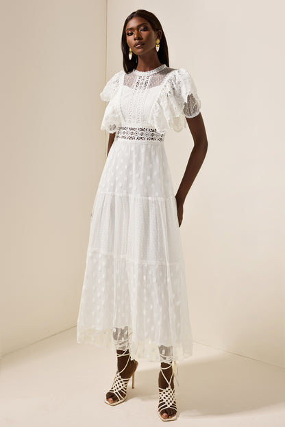 Vestido midi con volantes de encaje de malla 