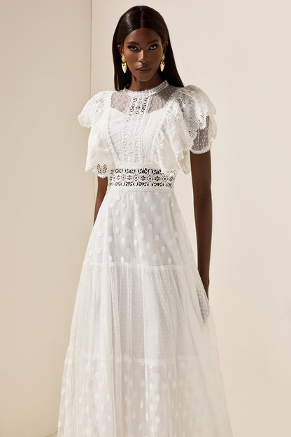 Vestido midi con volantes de encaje de malla 