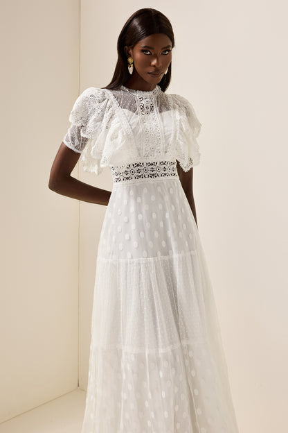 Vestido midi con volantes de encaje de malla 