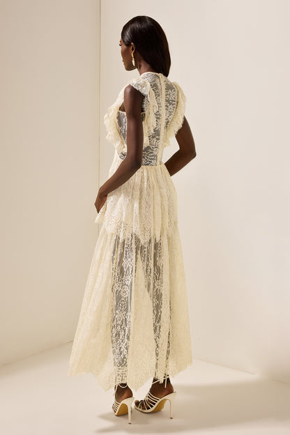 Vestido midi de cuello redondo con volantes y lazo de encaje 